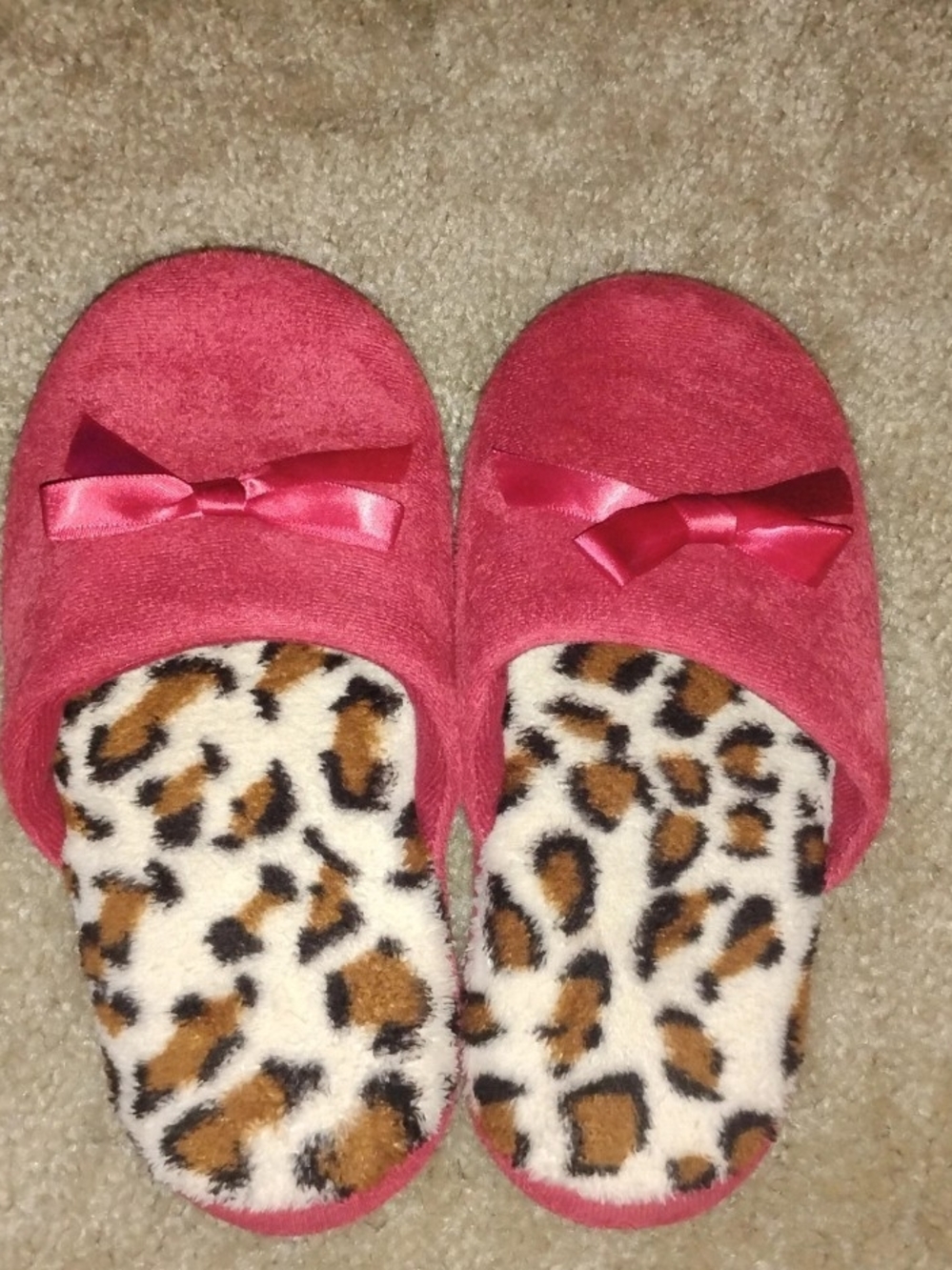 Girls' Pink Bow Leopard-Print Slip-On Slippers